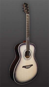 You&grave;s, gray burst lackierte Akustikgitarre in OM-Form mit massiver Fichtendecke und Palisander an Boden und Zarge, Pickup